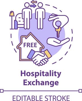 Hospitality exchange concept icon. Budget tourism, cheap accommodation idea thin line illustration. Free stay arrangement. Vector isolated outline RGB color drawing. Editable stroke