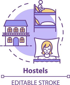 Hostels concept icon. Affordable accommodation, budget travel idea thin line illustration. Cheap hotel, guesthouse lodging. Vector isolated outline RGB color drawing. Editable stroke