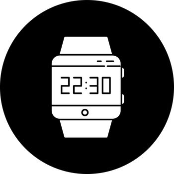 Wrist smartwatch glyph icon. Smart watch with touchscreen display. Wristwatch. Digital clock. Wearable gadget. Fitness tracker. Mobile device. Vector white silhouette illustration in black circle