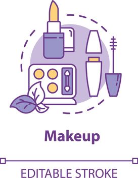 Makeup, decorative cosmetics concept icon. Lipstick, mascara and eye shadow, beauty products idea thin line illustration. Vector isolated outline RGB color drawing. Editable stroke