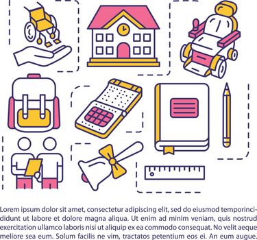 Inclusive education concept icon with text. School, college environment for disabled children. PPT page vector template. Brochure, magazine, booklet design element with linear illustrations