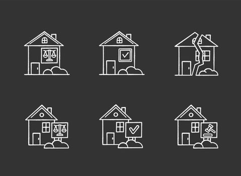 Real estate matters chalk white icons set on black background. Tenancy legal dispute. Property litigation, court case. Realty trial. Lease agreement, contract. Isolated vector chalkboard illustrations