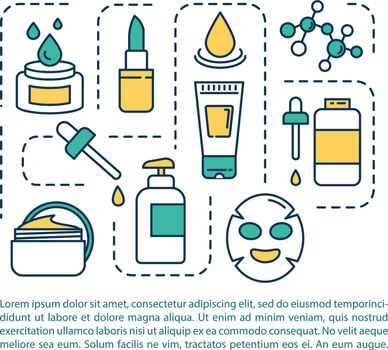 Skincare products concept icon with text. Cosmetic and makeup. Moisturizing lotion. Cleansing toner. PPT page vector template. Brochure, magazine, booklet design element with linear illustrations