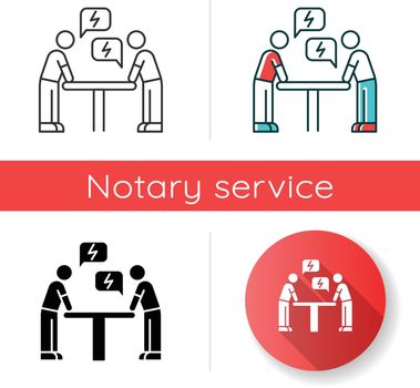 Negotiation icon. Dialogue between parties. Argument. Opposing interests. Conflict. Dispute, discussion. Lawsuit. Rivals, adversaries. Linear black and RGB color styles. Isolated vector illustrations
