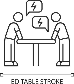 Negotiation pixel perfect linear icon. Dialogue between parties. Argument. Opposing interests. Thin line customizable illustration. Contour symbol. Vector isolated outline drawing. Editable stroke
