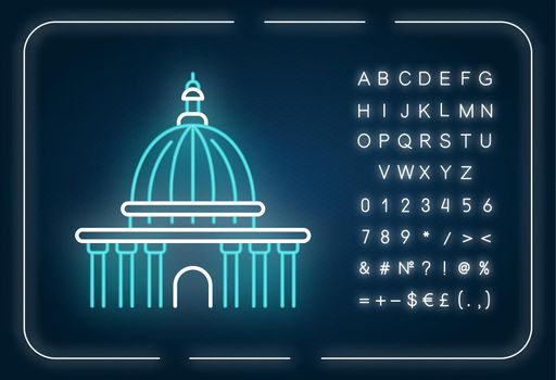Supreme court neon light icon. Highest judicial institution. Government agency. Courthouse. Outer glowing effect. Sign with alphabet, numbers and symbols. Vector isolated RGB color illustration