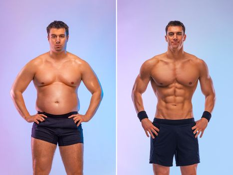 Awesome Before and After Weight Loss fitness Transformation. The man was fat but became athlet. Fat to fit concept.