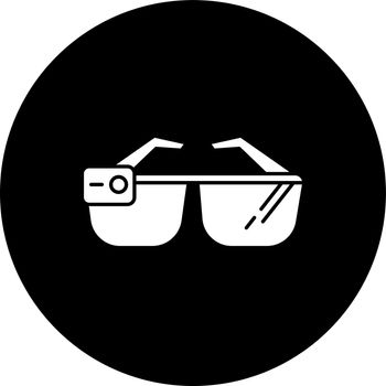 Smart glasses glyph icon. Smartglasses. Wearable computer optical gadget. Augmented reality technology. Monitoring. Mobile device. Digital tool. Vector white silhouette illustration in black circle