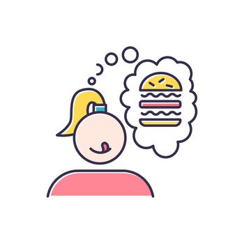 Food craving color icon. Girl thinking of burger. Thought of sandwich. Fast food snack. Delicious treat. Unhealthy diet. Appetite and temptation. Cheeseburger, hamburger. Isolated vector illustration