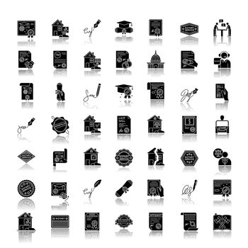 Notary services drop shadow black glyph icons set. Apostille and legalization. Notarized document. Certificate. Courthouse. Real estate litigation. License. Isolated vector illustration on white space