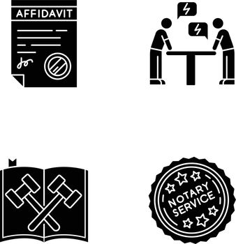 Notary services black glyph icons set on white space. Apostille and legalization. Affidavit. Legal code. Negotiation. Conflict. Silhouette symbols. Vector isolated illustration