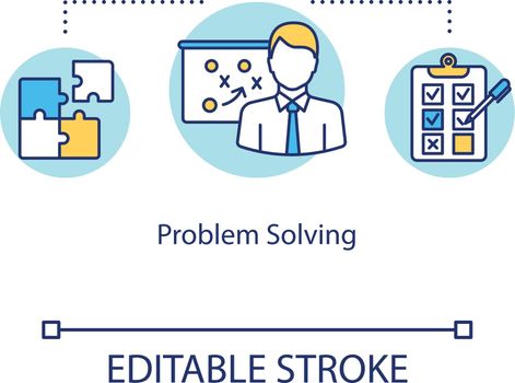 Problem solving concept icon. Cognitive process idea thin line illustration. Brainstorming. Managing stress. Ability of thinking. Mental health. Vector isolated RGB color drawing. Editable stroke