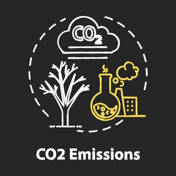 CO2 emission chalk RGB color concept icon. Facility and factory production. Industrial chemical pollution. Overconsumption idea. Vector isolated chalkboard illustration on black background