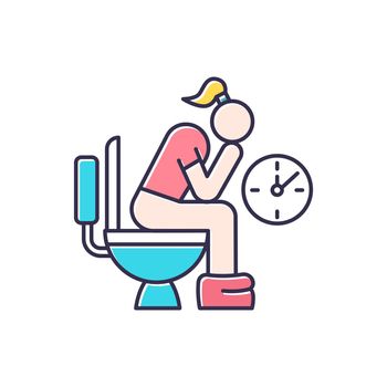 Constipation color icon. Menstruation pain. Period problem. Girl with hemorrhoids in lavatory. Woman on toilet. Digestive tract problem. Stomach ache. Bathroom, restroom. Isolated vector illustration