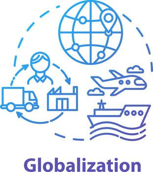 Globalization concept icon. International economy. Global distribution. Market expansion. Worldwide commerce and retail idea thin line illustration. Vector isolated outline RGB color drawing