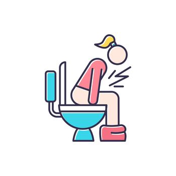 Diarrhea color icon. Digestive tract disease. Illness and sickness. Food poisoning. Menstruation problem. Period and PMS symptom. Girl on toilet. Woman in restroom. Isolated vector illustration