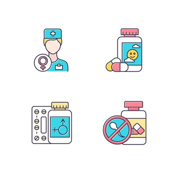 Gynecology color icons set. Female doctor consultation. Antidepressant pills. Hormone replacement therapy. Birth control. Oral contraceptive. Medication, drug. Isolated vector illustrations