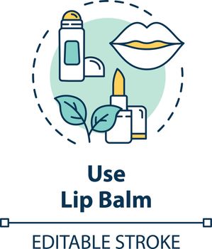 Use lip balm, skin care concept icon. Skin protection and moisturizing, chapped lip prevention idea thin line illustration. Vector isolated outline RGB color drawing. Editable stroke