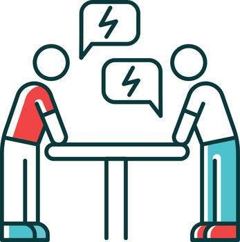 Negotiation RGB color icon. Dialogue between parties. Argument. Opposing interests. Conflict. Dispute, discussion. Lawsuit. Rivals, adversaries. Isolated vector illustration