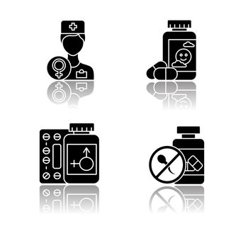 Gynecology drop shadow black glyph icons set. Doctor consultation. Antidepressant pills. Hormone replacement therapy. Birth control. Oral contraceptive. Medication, drug. Isolated vector illustrations