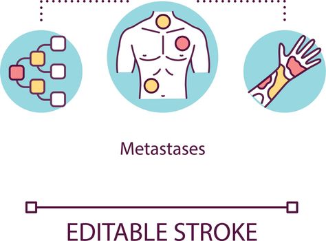 Metastases concept icon. Oncology idea thin line illustration. Malignant neoplasm. Tumor spread. Cancer cells dissemination. Vector isolated outline RGB color drawing. Editable stroke