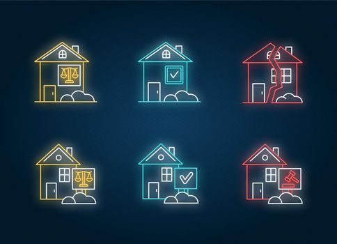 Real estate matters neon light icons set. Tenancy legal dispute. Property litigation. Realty trial. Lease agreement. Signs with outer glowing effect. Vector isolated RGB color illustrations
