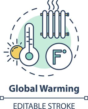 Global warming concept icon. Heat wave. High temperature. Industrial damage. Ozone depletion. Climate change idea thin line illustration. Vector isolated outline RGB color drawing. Editable stroke