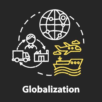 Globalization chalk RGB color concept icon. International economy. Global distribution. Market expansion. Worldwide commerce idea. Vector isolated chalkboard illustration on black background