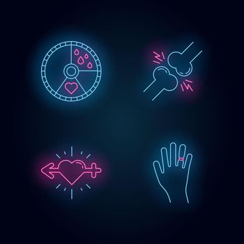Predmenstrual syndrome neon light icons set. Menstrual cycle. Joint pain. Libido racing. Sex drive. Swollen hand. Muscle strain. Gain weight. Glowing signs. Vector isolated illustrations