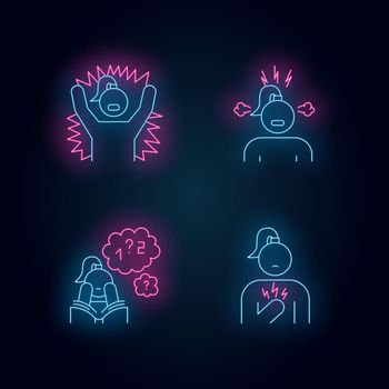 PMS symptoms neon light icons set. Emotional outburst. Irritability and stress. Poor concentration. Math problem solving. Chest pain. Female healthcare. Glowing signs. Vector isolated illustrations