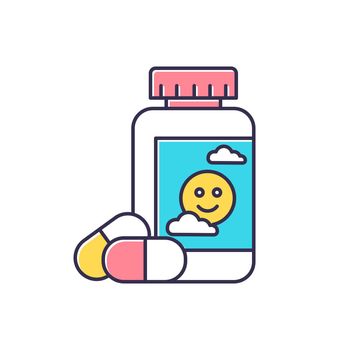 Antidepressant color icon. Depression medication. Pills and drugs in bottle. Painkiller and supplement. Placebo product. Anxiety help. Psychological problem aid. Isolated vector illustration