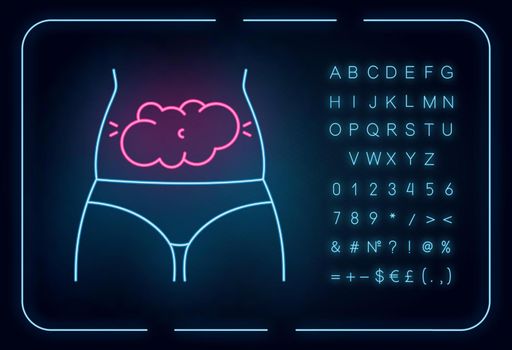 Bloating neon light icon. Predmenstrual abdominal pain. Stomach ache and discomfort. Flatulence and gas. Glowing sign with alphabet, numbers and symbols. Vector isolated illustration
