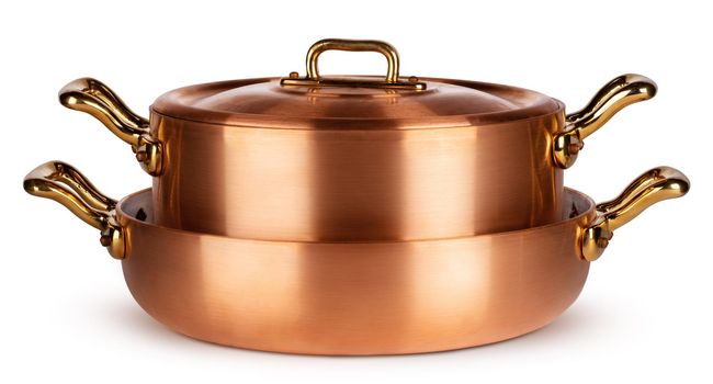 Copper cookware set isolated on white background