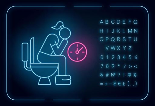 Constipation neon light icon. Menstruation pain. Period problem. Girl in lavatory. Woman on toilet. Digestive problem. Glowing sign with alphabet, numbers and symbols. Vector isolated illustration