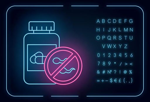 Birth control neon light icon. Female oral contraceptive. Unwanted pregnancy prevention. Predmenstrual syndrome aid. Glowing sign with alphabet, numbers and symbols. Vector isolated illustration