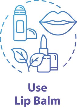 Use lip balm, hygienic cosmetics, beauty product concept icon. Lipstick, skin protection and moisturizing idea thin line illustration. Vector isolated outline RGB color drawing. Editable stroke