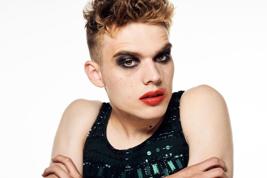 male transgender female makeup fashion posing studio. High quality photo