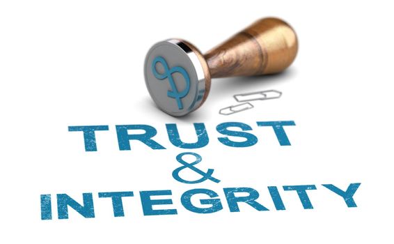 Phrase trust and integrity written on white background. Business ethics and trustworthy company concept. 3d illustration.