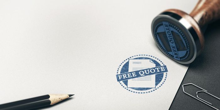 3d illustration of a rubber stamp with the text free quote printed on paper background with copy space. Concept of price quotation. 