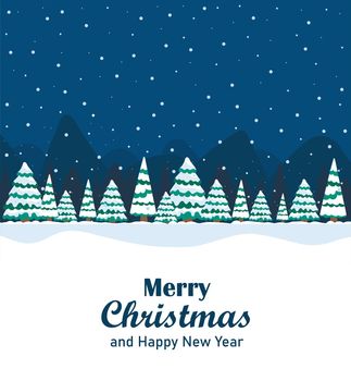 Greeting card with the inscription Merry Christmas and Happy New Year and a winter night landscape in the forest