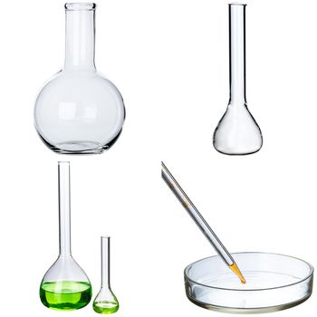 Collage of laboratory glassware on white background