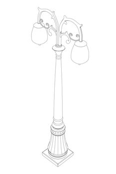 Outline of a street decorative lamp from black lines isolated on a white background. Isometric view. Vector illustration