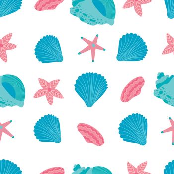 pattern with blue seashells and starfish