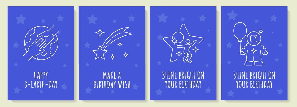 Cosmic birthday celebration postcard with linear glyph icon set. Greeting card with decorative vector design. Simple style poster with creative lineart illustration. Flyer with holiday wish