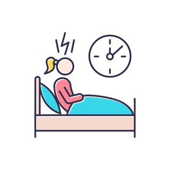 Change in sleep pattern color icon. Insomnia. Troubled woman. Stress and anxiety. Person awake in bed. Sleep deprivation. Restless girl. Night time panic attack. Isolated vector illustration