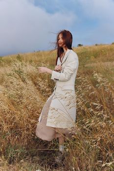 pretty woman wheat countryside landscape freedom sunny day. High quality photo