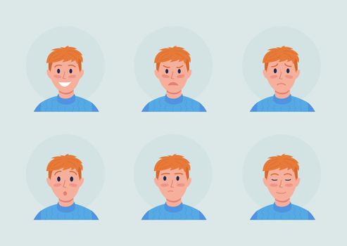 Ginger boy with different emotions semi flat color vector character avatar set