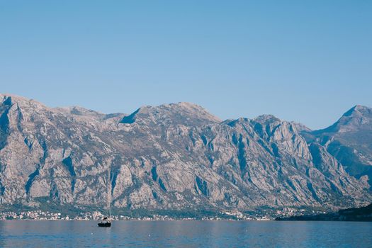 Mountains in the haze above the Kotor Bay. View from Perast. Montenegro