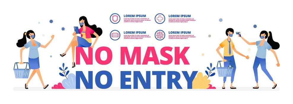Vector illustration of mandatory warning sign to wear a mask at doing outdoor activities or meeting people. Information of NO MASK NO ENTRY. Design can be for landing page, website, poster, mobile app
