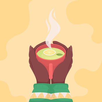 Taking cup of green lemon tea flat color vector illustration